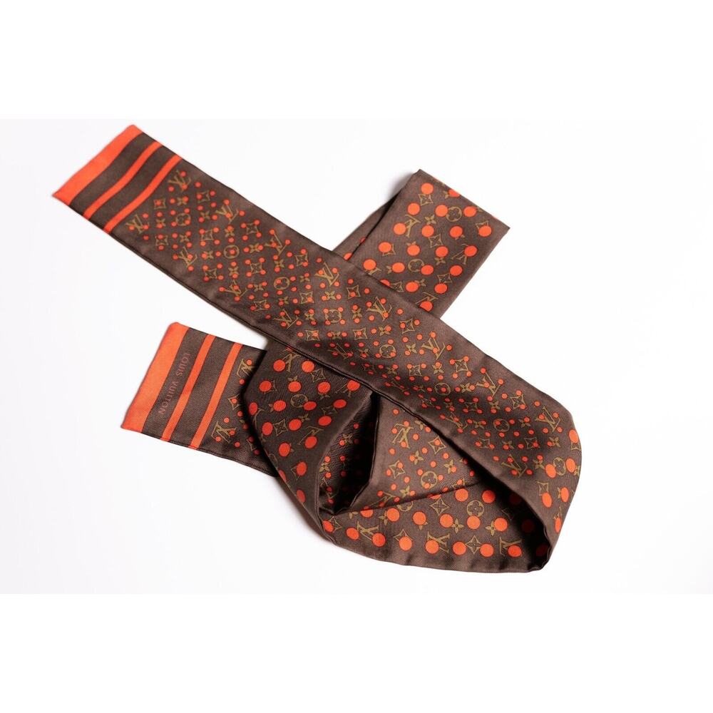 Louis Vuitton Vintage Brown Orange Polka Dot Silk Twill Logo Bandeau Scarf - Picture 4 of 5